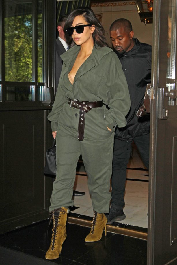 Kim Kardashian Goes Utilitarian In A Khaki Jumpsuit And Lace-Up Boots, 2016