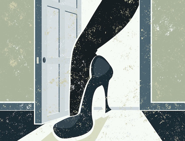 women with big feet stepping through door