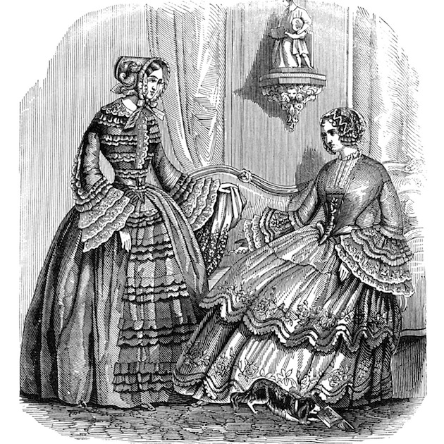 Illustration of two Victorian women wearing large Crinoline dresses