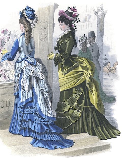 Two Victorian ladies looking in a window, one with blue dress one with green