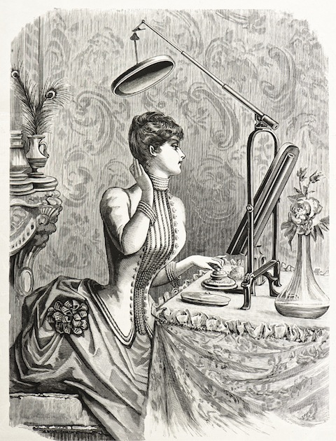 vintage illustration of young woman at dressing table