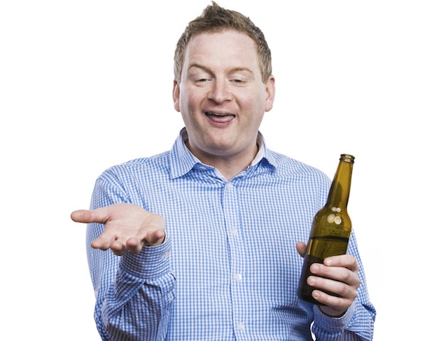 Drunk: man joking while drinking beer