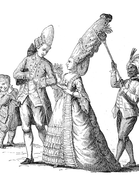 illustration of lady with hugely tall hair supported by servant