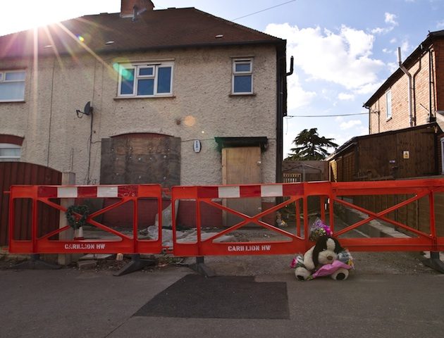 Mandatory Credit: Photo by London News Pictures/REX/Shutterstock (2234917a) The home of the Philpotts, location of the fire that took the lives of six children, Victory Road, Derby Six children die in house fire, Derby, East Midlands, Britain - 03 Apr 2013