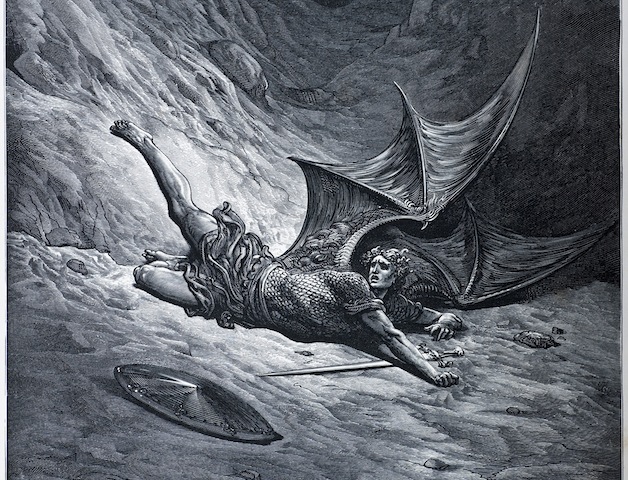 "Satan smitten by St Michael, scene from Milton's Paradise Lost. Engraving from 1870. Engraving by Gustave Dore, Photo by D Walker."
