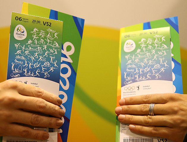 Mandatory Credit: Photo by Xinhua/REX/Shutterstock (5735463b) Two women hold their volleyball tickets of the Rio 2016 Olympics for photograph at the Rio 2016 tickets office at the Shopping Leblon Rio 2016 Olympics tickets, Rio de Janeiro, Brazil - 20 Jun 2016 The Rio 2016 opened on Monday two ticket offices in Rio de Janeiro.