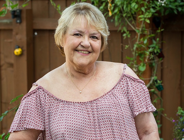 Linda Bright age 68 at her home in Felixstowe Suffolk. See Masons copy MNBRA:A great-grandmother has had a beautiful lace bra tattooed over her mastectomy scars in a bid to get her confidence back after battling cancer. Retired Linda Bright, 68, would not even allow her husband of almost 50 years to see the scars which had been left behind after her treatment. But the fighter chose to take back control of her own body and decided to have a bra tattooed over the scars - giving her confidence a huge and much needed boost.