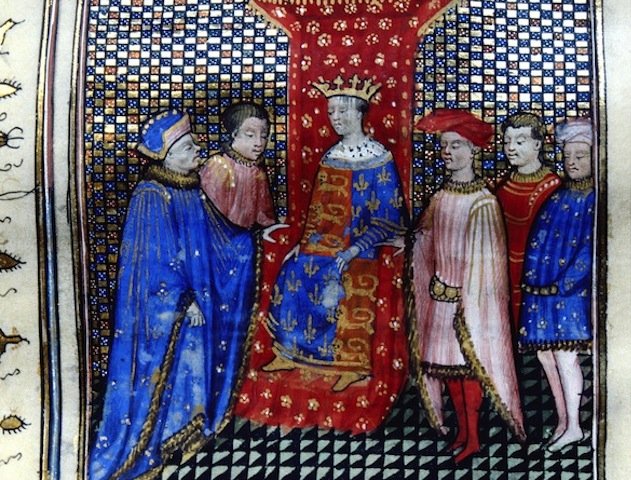 Mandatory Credit: Photo by Kharbine-Tapabor/REX/Shutterstock (6051052ga) Edward III, 1312-77, King of England listens to Robert D'Artois who is encouraging him to claim the French throne, manuscript illumination, early 15th century, from the Chronicles of Jean Froissart, c. 1337 - c. 1405, Ms 864 f. 46 Art (History) - various Location: Bibliothèque Municipale Besançon
