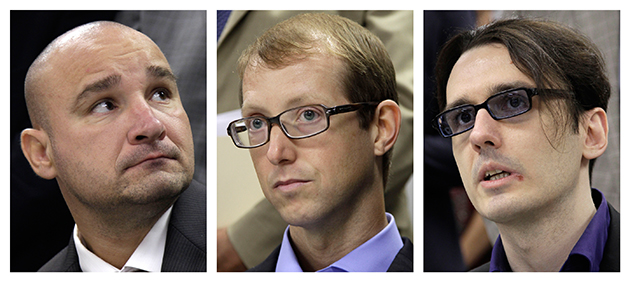Jessie Misskelley, Jr., James Baldwin, and Damien Echols answer reporters' questions in 2011. Photo credit: Press Association.