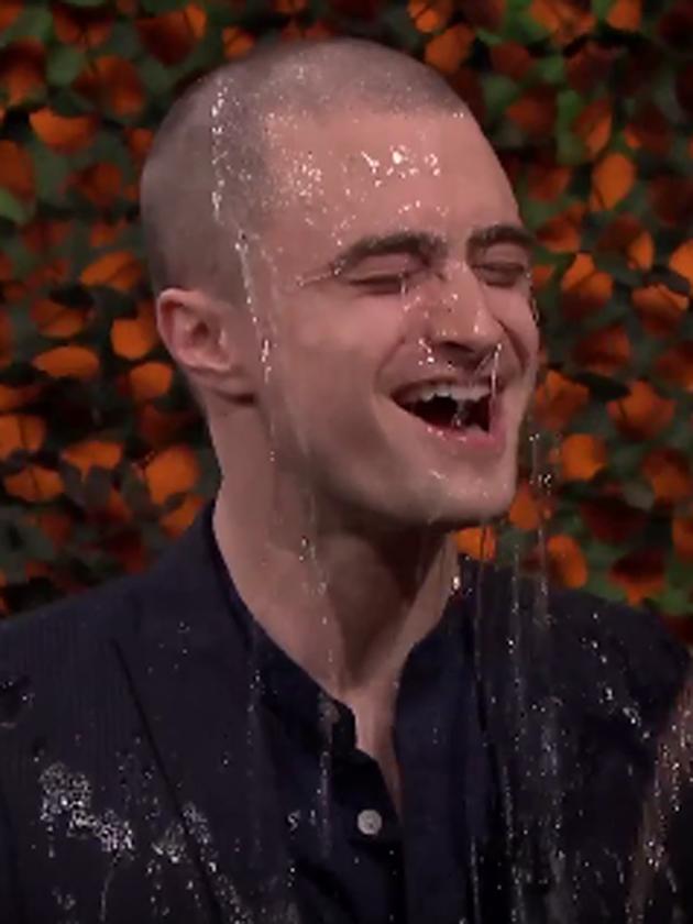 WATCH Daniel Radcliffe get soaked with new bald hairdo