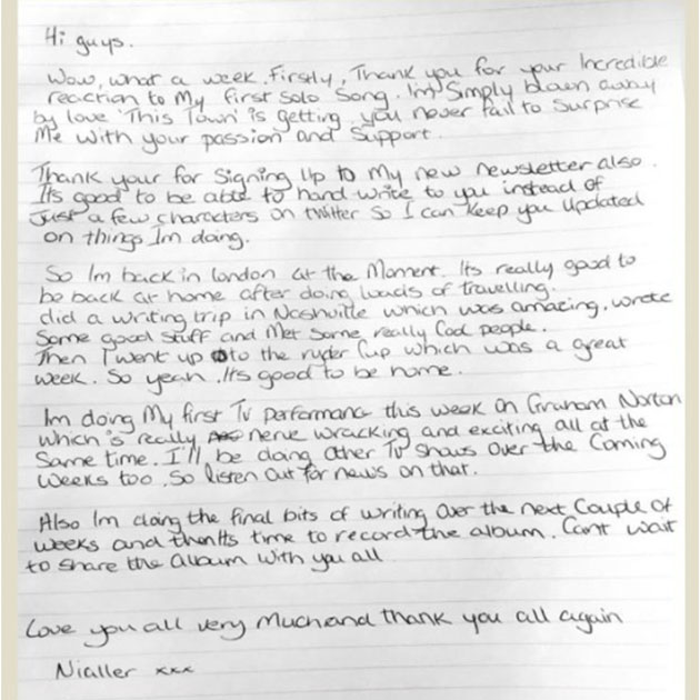 One of Niall's letters to the fans