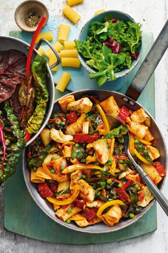 These big rigatoni tubes go fantastically with this veggie feast!