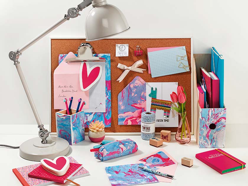 Stationery decorated with marbled paper