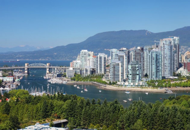 View of Vancouver city across water with mountains behind