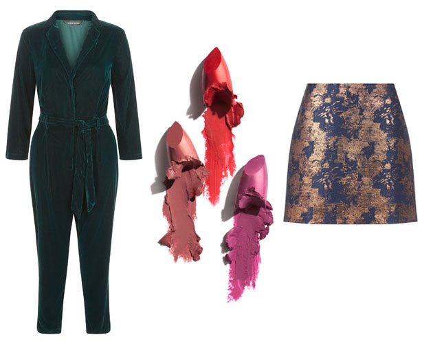 Jumpsuit, £44.99; Lipstick, £4.99 each; Skirt, £24.99