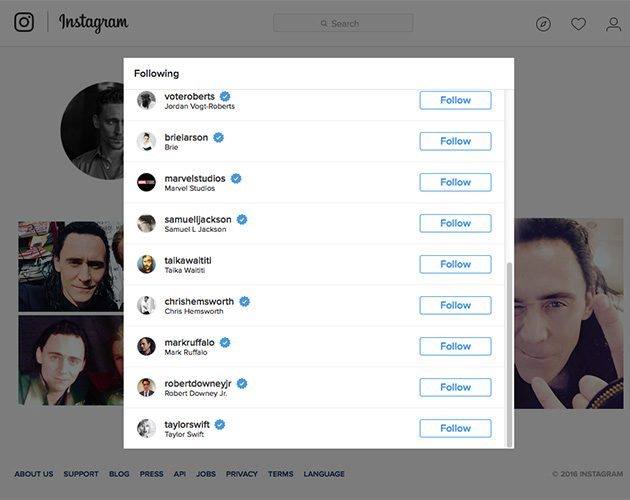 tom hiddleston instagram following