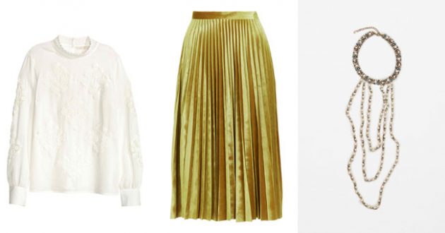 Blouse, £29.99, H&M, Skirt, £55, Topshop, Necklace, £22.99, Zara