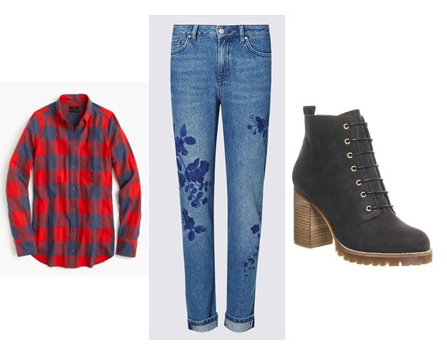 Shirt, £89.50, J. Crew; Jeans, £39.50, Marks & Spencer; Boots, £88, Office