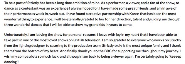 WIll Young Strictly Come Dancing statement