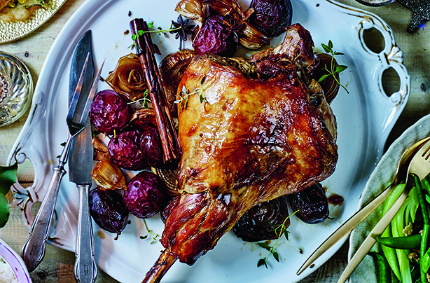 Sticky plum roast lamb