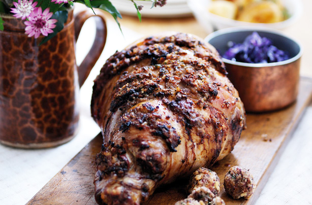 Roast leg of lamb with date and herb stuffing