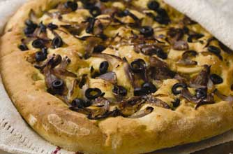 Pesto, onion and olive focaccia