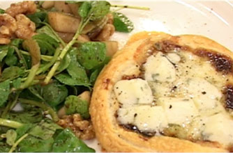 Video recipe: Jo Pratt's sweet onion & dolcelatte tarts with pear and walnut salad