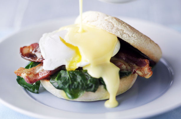 Classic eggs Benedict with wilted spinach