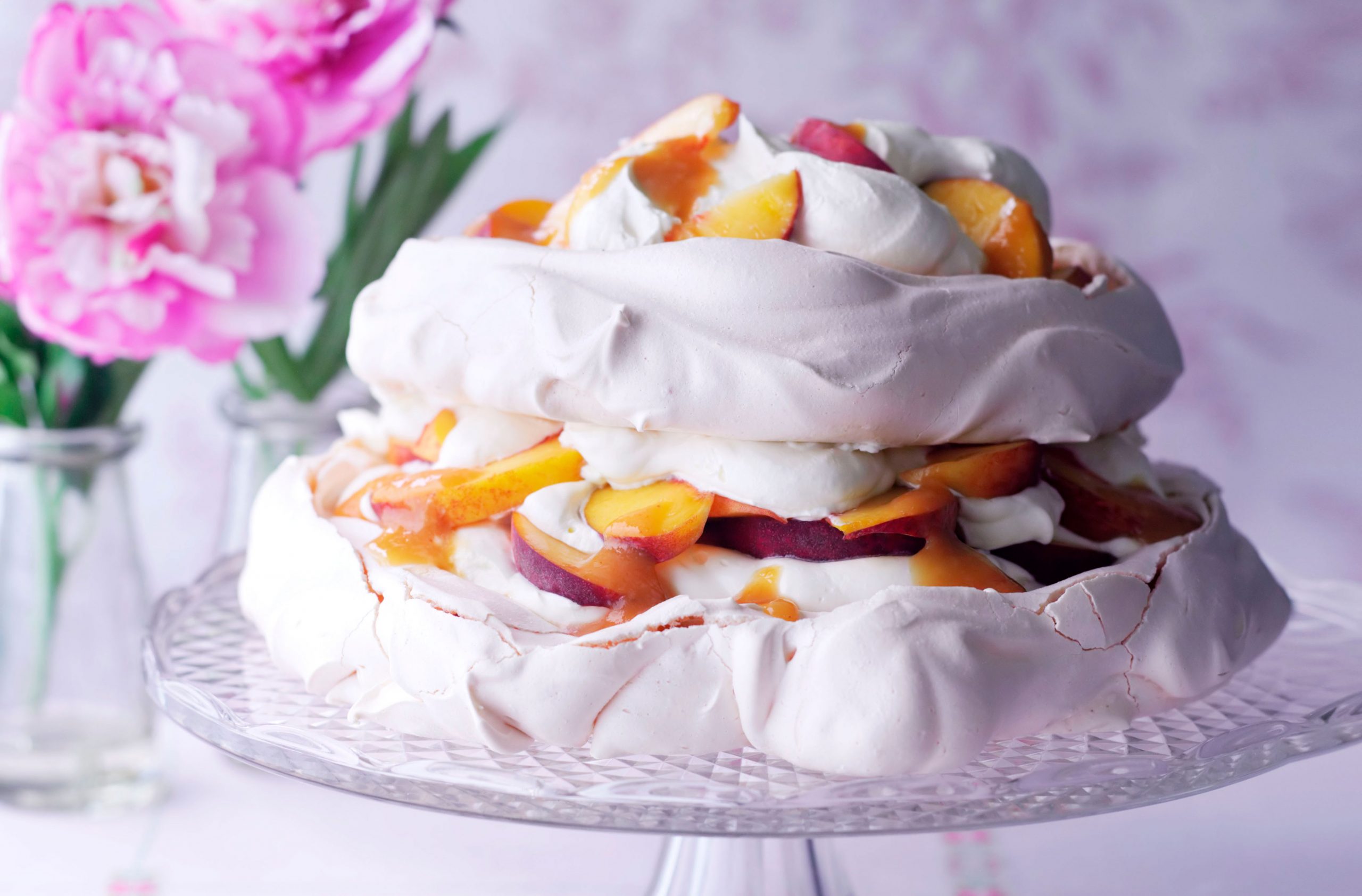 Peach and passionfruit pavlova
