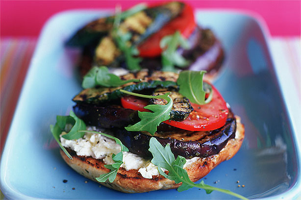Aubergine, courgette pesto and cream cheese open sandwiches