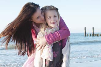 Mother and daughter happy on the beach