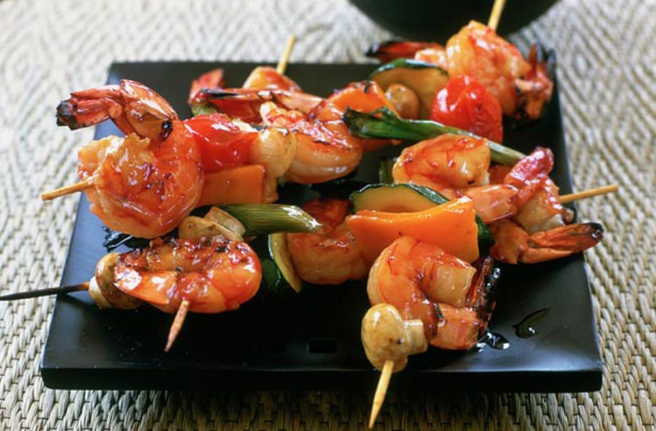 Sticky prawn kebabs