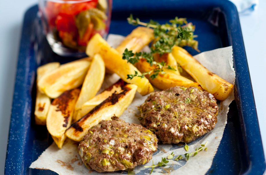 Venison burger and chips