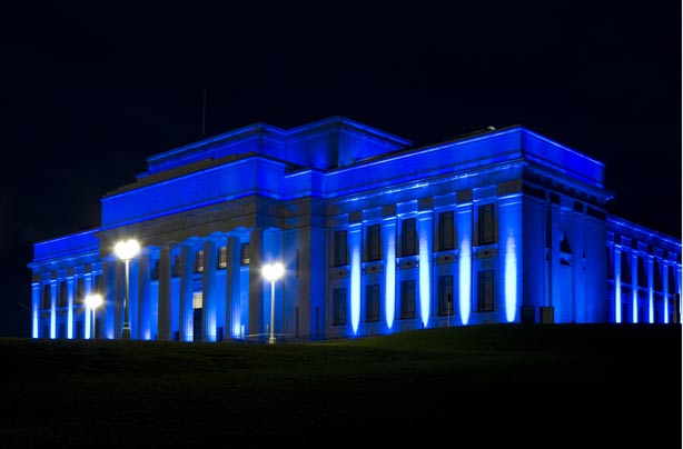 The War Memorial Museum in Auckland New Zealand lit up blue for the birth of the royal baby