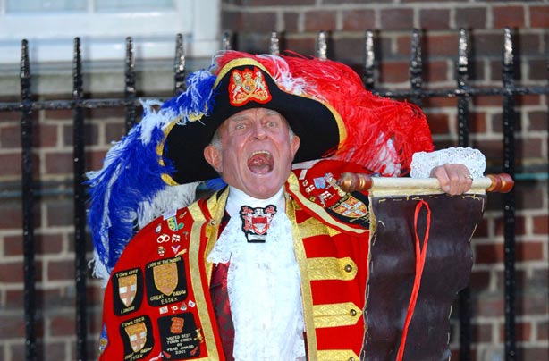 Town crier Tony Appleton announcing birth of royal baby boy