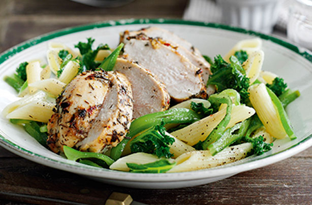 13. Garlic and thyme chicken with vegetable penne