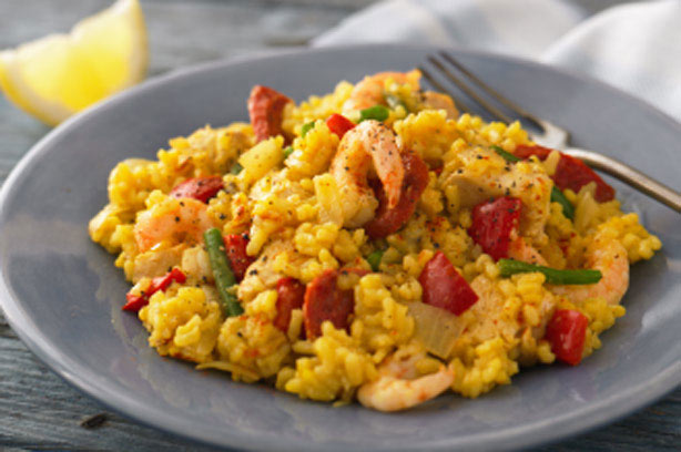 Chicken and prawn paella