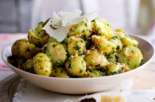 Pesto potato salad with Parmesan crumbs