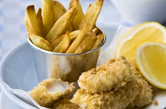 Home-baked fish fingers and chips