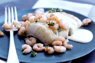 Halibut and prawns with lemon thyme and Parmesan cream sauce