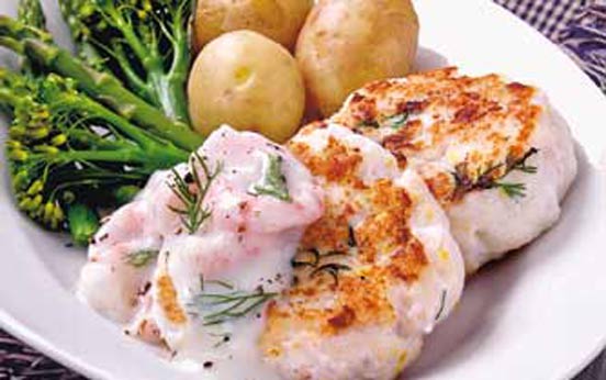 Fishcakes with prawn sauce