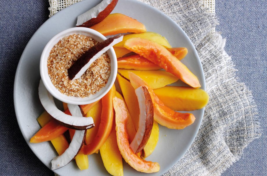 Tropical fruits with sesame coconut dip