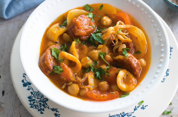 Slow cooked squid with chickpeas and chorizo
