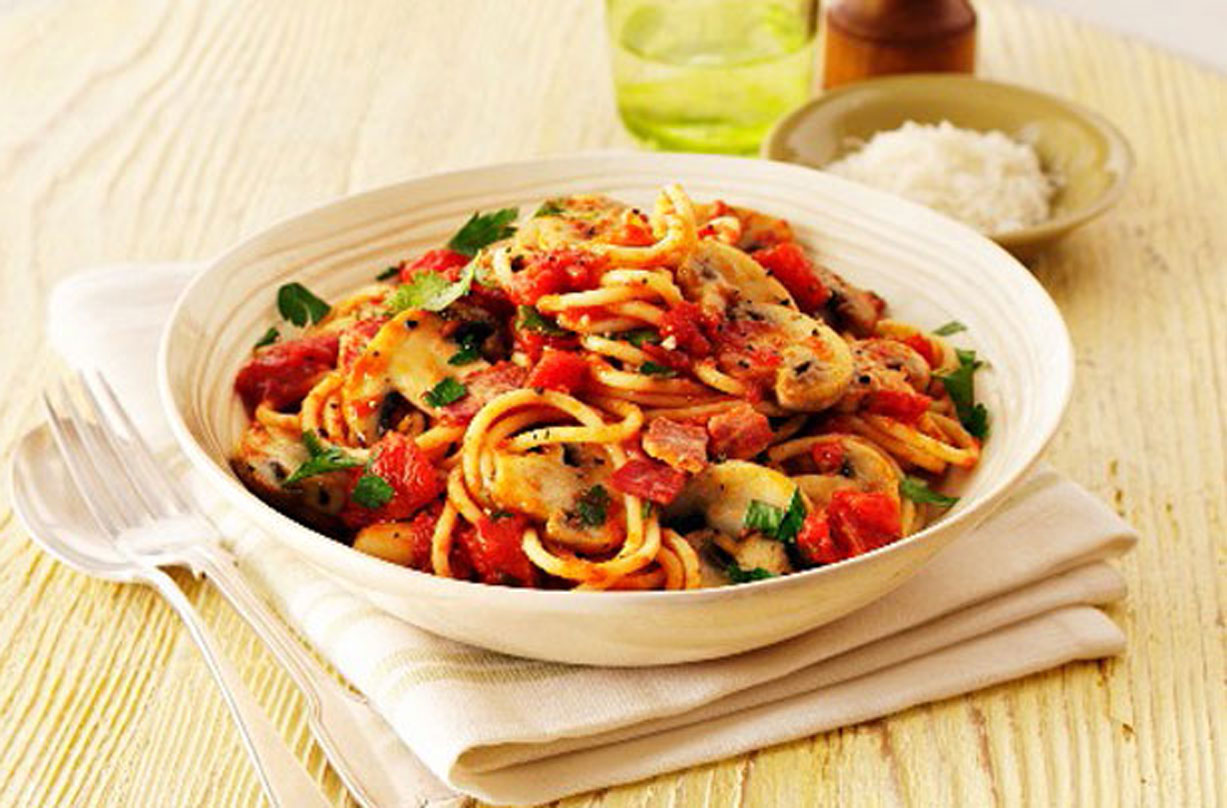 Bacon, mushroom and tomato spaghetti
