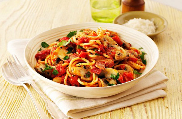 Bacon, mushroom and tomato spaghetti
