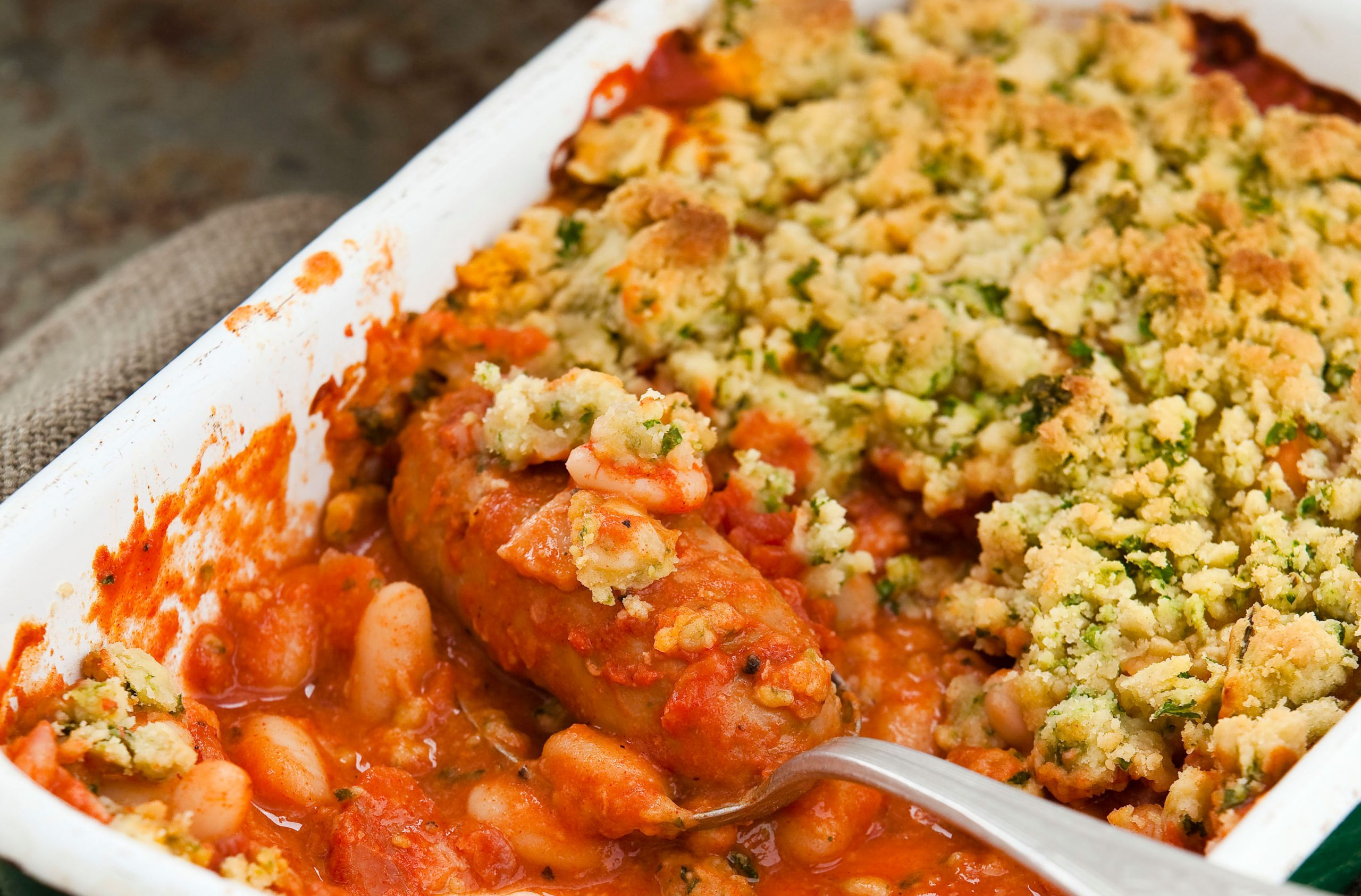 Sausage and bean crumble