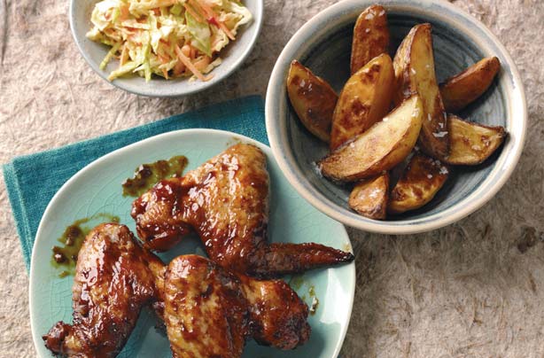 Chicken wings, wedges and slaw