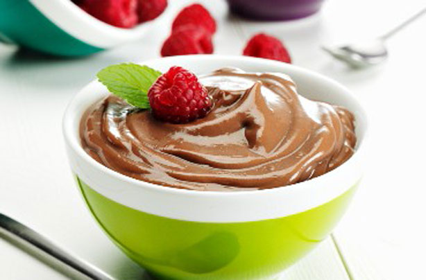 Gluten-free chocolate pudding with raspberries