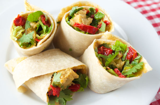 Roasted pepper and lettuce wrap with squash and chickpea spread