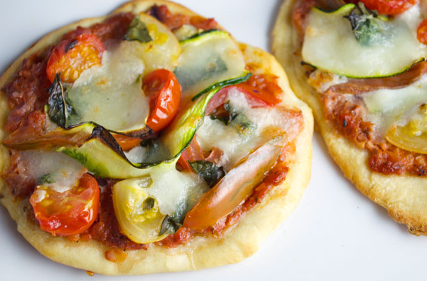 Tomato, basil and courgette ribbon mini pizzas